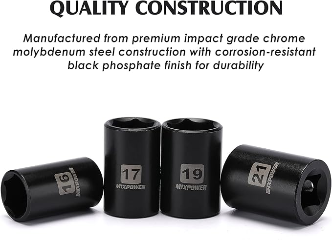 MIXPOWER 1/2-Inch Drive Shallow Impact Socket Set Metric Size 10mm-32mm CR-V 6-Point Mechanic and Repair Project 20-Piece 1/2" Shallow Sockets Set with Extension Bar and Universal Joints