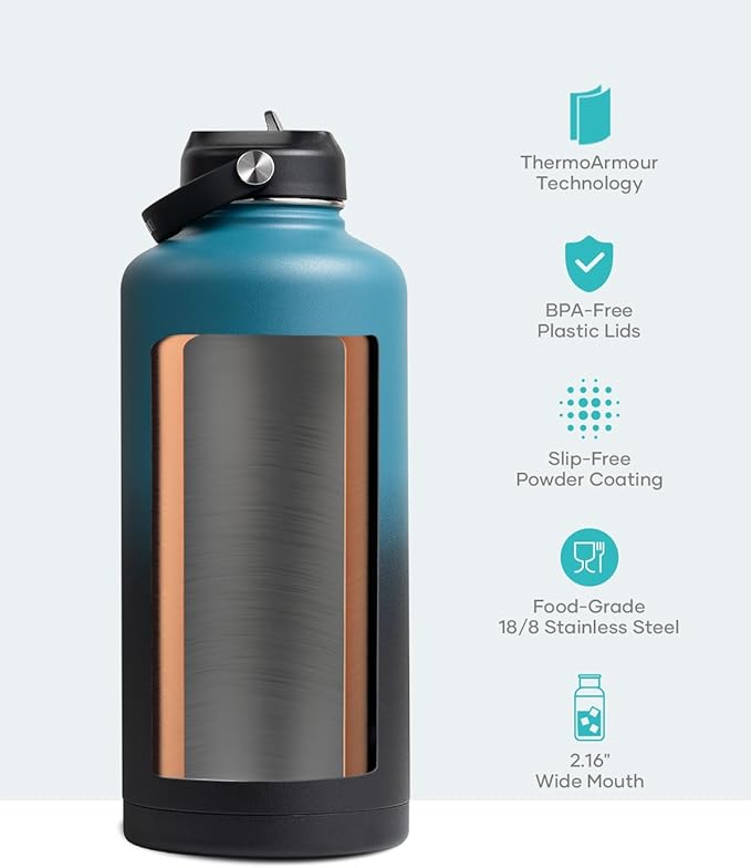 Half Gallon Stainless Steel Water Bottle with Straw Lid and Flex Cap, 87oz Modern Double Vacuum Stainless Steel Water Flask, Cold for 48 Hrs Hot for 24 Hrs Simple Thermo Canteen Mug,Indigo Crush