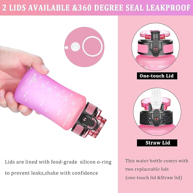 GOPPUS Kids Water Bottle with Straw Spout Lid 10pcs Stickers 12 oz Leak-proof BPA Free Motivational Time Marker Tritan Plastic Water Bottles for Girls Boys School Sports