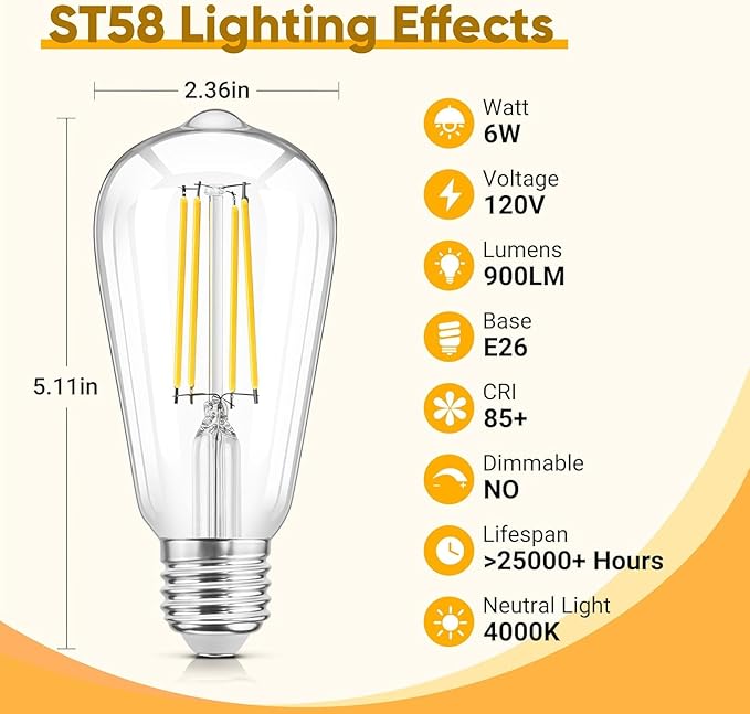 12 Pack LED Edison Light Bulbs, Vintage 6W LED Bulbs, St58 4000K Daylight Soft White, Bright LED Filament Bulbs with CRI 85+, E26 Standard Base, 900LUM, Non-Dimmable, Clear Glass