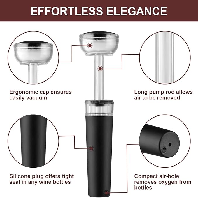 Bottle Stopper Set with Built-in Vacuum Wine Preserving Pump Food Safe Silicone Lid, Suitable for Most Wine Bottles,Portable Instant Wine Aerating (HJ-A001), 3.5*1.2 Inches, Black