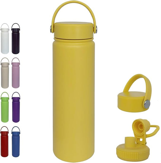 22oz Insulated Water Bottle ，Stainless Steel Sports Water Cup Flask with 2 Lids, Wide Mouth Travel Thermal Mug,Outdoor Sports Bottle（Mango yellow）