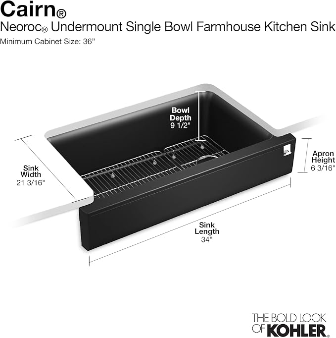 KOHLER K-25784-CM8 Cairn 34" Neoroc Composite Undermount Single-Bowl Kitchen Sink, Farmhouse Kitchen Sink with Short Apron, Matte Black Plum