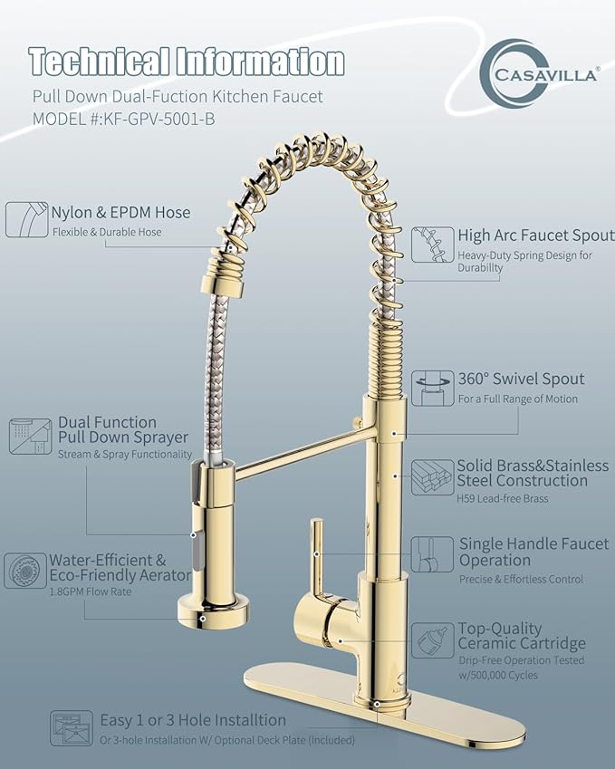 Gold Kitchen Faucet, Kitchen Faucet with Soap Dispenser, Pull Down Kitchen Faucet with Sprayer, Single Handle Kitchen Sink Faucet with Dual Function Spray Head, Camper Laundry RV Faucet,PVD