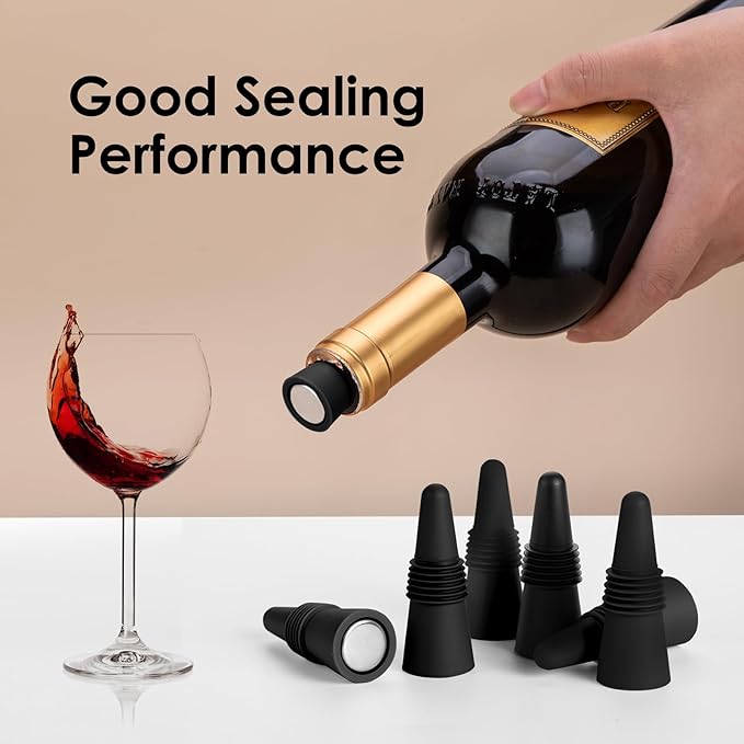 6 PCS Black Silicone Wine Stoppers with Threaded Seal Ring and Stainless Top - Suitable for Wine and Beverage Bottles - Keeping Wine or Beverage Fresh…