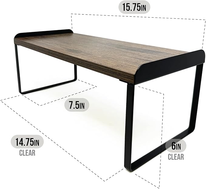 Mitus Shelf Organizer and Storage, Tiered Wood Cabinet Rack for The Kitchen Counter, Bathroom Counter, Pantry Cupboard, Office Desk Bookshelf, 16" Wide Walnut Brown and Black