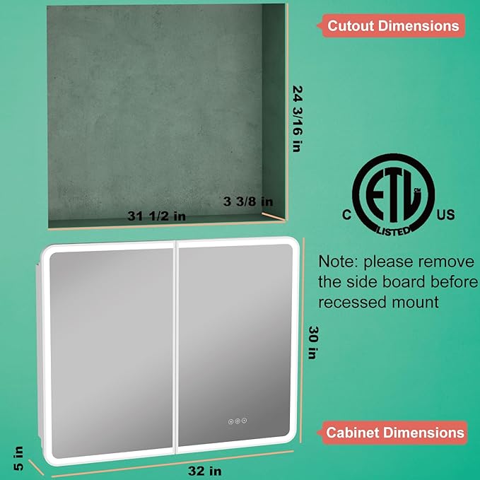 32x30 Inch Medicine Cabinet with Mirror, Recessed or Surface Mount Bathroom Medicine Cabinet with LED Lights, Anti-Fog, Memory Function, Adjustable Shelf, Dimmable Light, ETL Listed, White