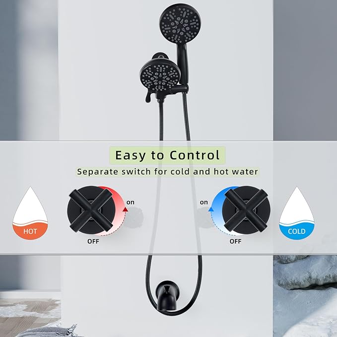 2 Handle Shower Faucet Set with Handheld Shower Head,Dual 2 in 1 Shower Head System with Tub Spout,2 Knobs Tub and Shower Faucet Set with Valve,Wall Mounted Shower Combo Set,Matte Black,3A3MK