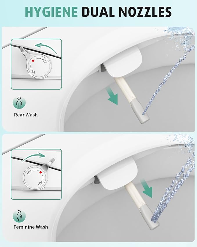 SR SUN RISE Non-Electric Bidet Toilet Seat with Dual Nozzles for Feminine & Rear Wash, Adjustable Pressure, Ambient Water Temperature, Self-Cleaning Nozzles, Easy Installation for Elongated Toilets