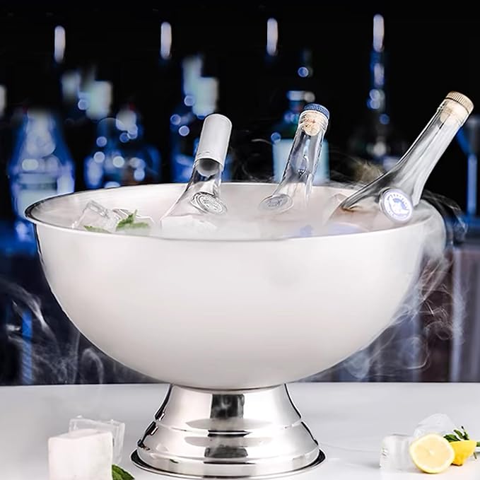 Large Ice Bucket 13L Stainless Steel Champagne Bowl Ice Bucket with Ice Scoop Semicircle Drink Tub with Integrated Base Silver Beverage Tub for Parties, Cocktail Bar, Chilling Wine,2Packs (1 pack)