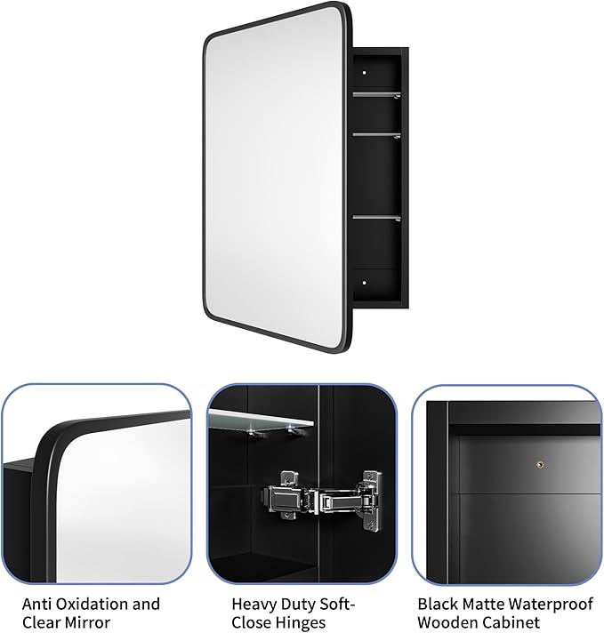 Bathroom Wood Black Cabinet with 20''x30'' Black Metal Frame Curved Mirror, Recessed Medicine Cabinet, Bathroom Storage Cabinet