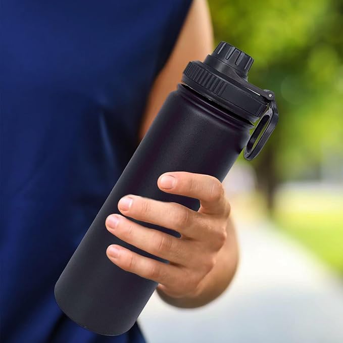 22oz Insulated Water Bottle ，Stainless Steel Sports Water Cup Flask with 2 Lids, Wide Mouth Travel Thermal Mug,Outdoor Sports Bottle（Blue Black）