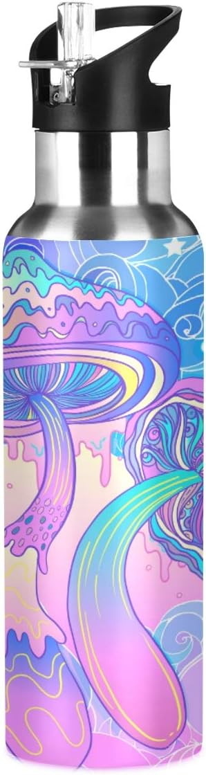 Magic Mushrooms Water Bottle with Straw Lid for Fitness Gym Camping Outdoor Sports, Wide Mouth Vacuum Insulated 18/8 Stainless Steel, 22 oz