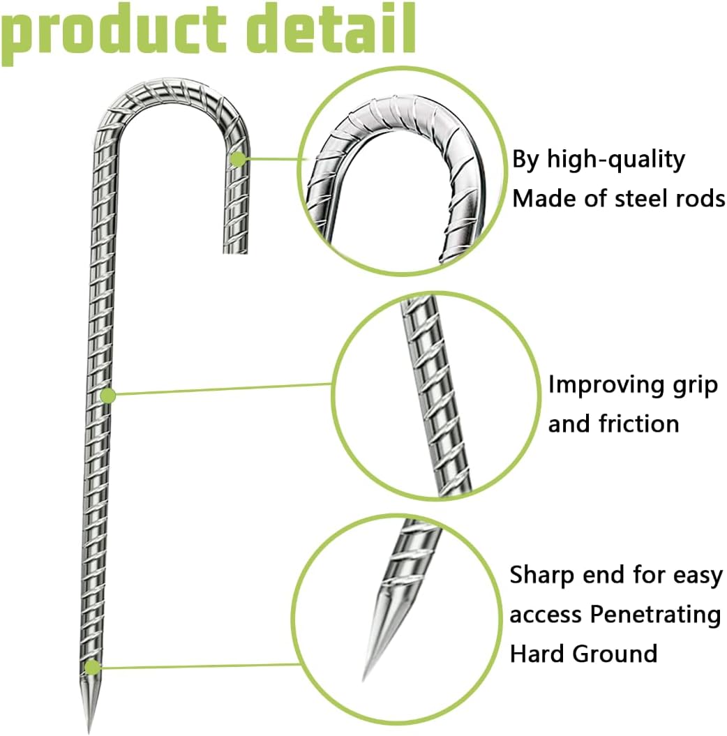 Rebar-Stakes-12-Inch, Ground Stakes Heavy Duty J-Hook Galvanized Anti-Rust Heavy Duty Ground Anchors for Garden Dog Fence Chicken Coop Christmas Decorations Deer Fence 4pcs