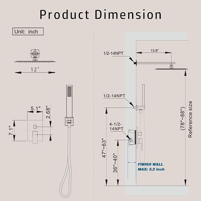 Alesco Shower Faucet Set, Gold Shower System with 12-Inch High-Pressure Rainfall Showerheads and Handheld Spray combo, Showerfixture Include Valve and Trim Kit, Brushed Gold