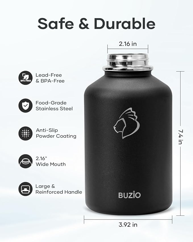 BUZIO 64oz Insulated Water Bottle, Half Gallon Stainless Steel Water Jug with Straw Lid and Carrying Pouch, Keep Cold 48H Double Wall Vacuum Lead-Free Metal Drinking Flask for Gym Beach, Black