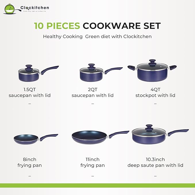 Clockitchen Non Stick Pots and Pan Set, Ceramic Cookware Set with Stay-Cool Handles, 10pcs Blue Induction Cooking Set Suitable for Gas, PFOA Free