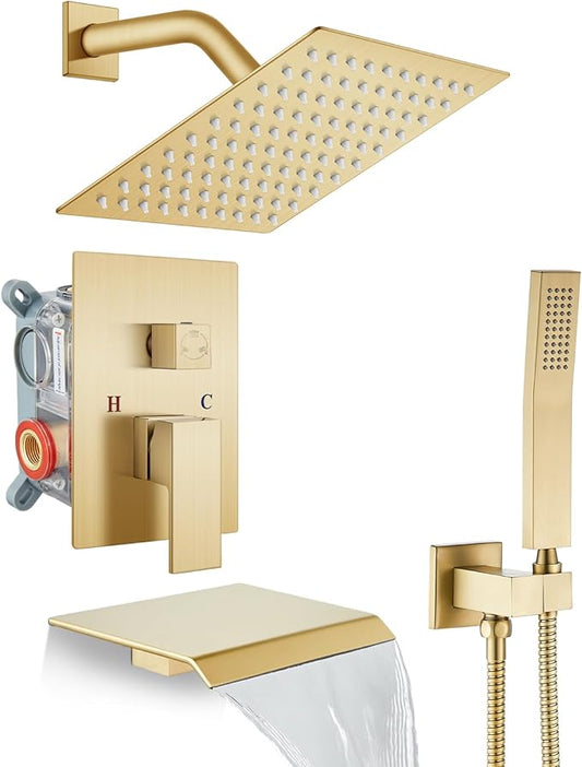 gotonovo Rain Shower Faucet System Set Rainfall Shower Head with Handheld Sprayer Waterfall Tub Spout Wall Mounted Mixer Combo Rough-in Valve and Trim Included 8 Inch Showerhead Brushed Gold