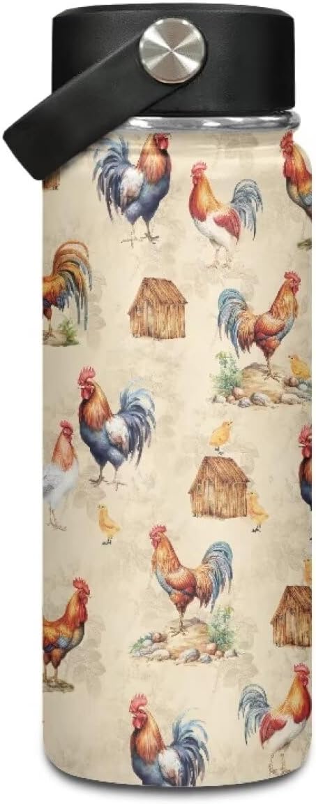 Chicken Insulated Water Bottles with Handle Stainless Steel Metal Water Bottle, Cold & Hot Water Bottle 20 Oz, Leak Proof Travel Cup