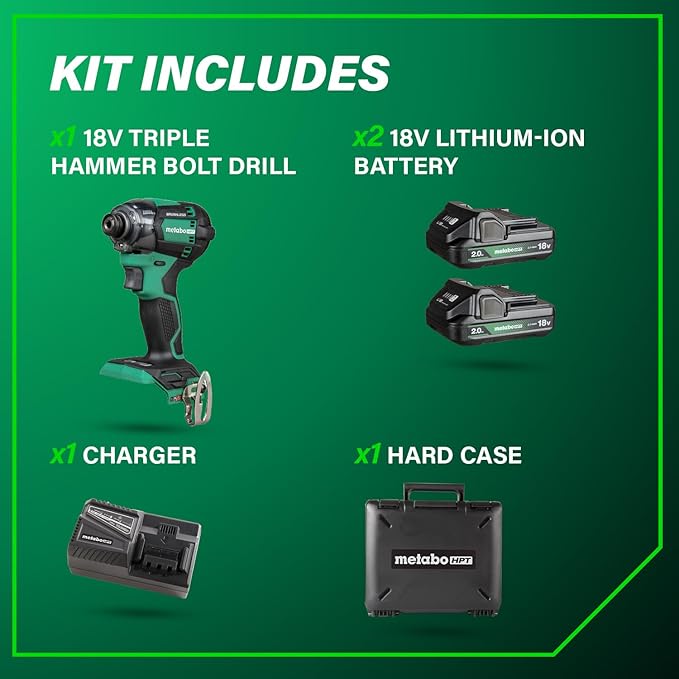Metabo HPT 18V MultiVolt Cordless Triple Hammer BOLT Impact Driver Set, Power Impact Driver Kit with Case, 2 Lithium-Ion Batteries and Charger, 1/4-Inch Chuck, Compact LightWeight Power Tool, WH18DC