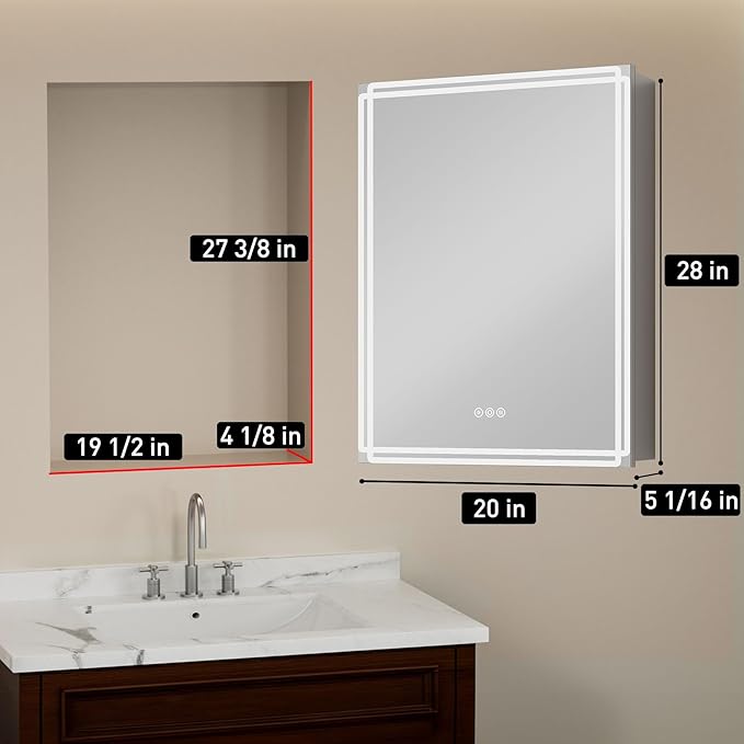 Buruis 20'' x 28'' Medicine Cabinet with Lights and Mirrors, Recessed or Wall Mounted Modern Bathroom Cabinet with 3-Mode Light, Anti-Fog, Dimmable, Memory Function, Outlet, Silver