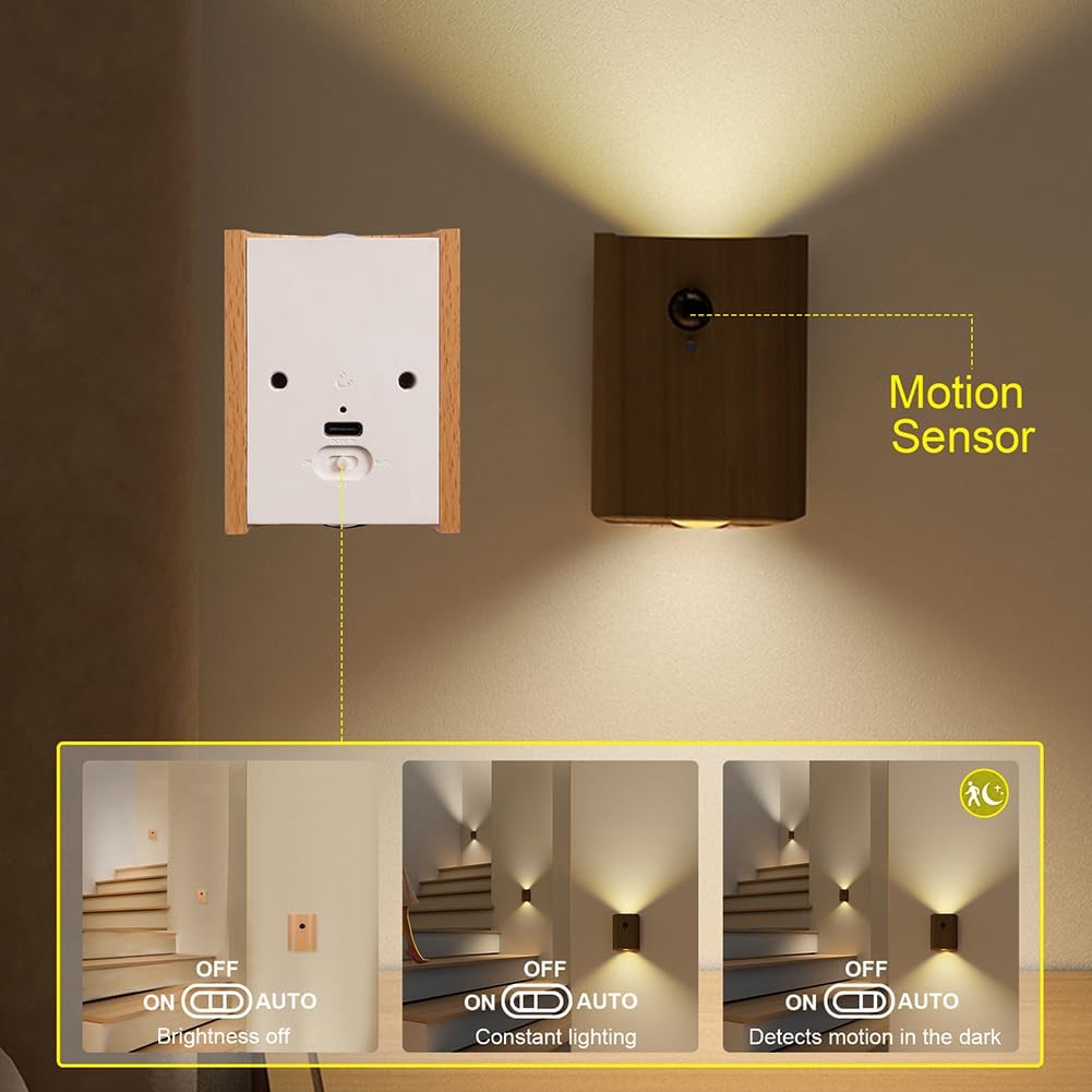 LANDGOO Wooden LED Step Lights Wall Lamp, 2700-3000K Motion Sensor Night Lights, Rechargeable Stair Lights for Hallway Indoor Lighting(White Ash Wood 2PCS)