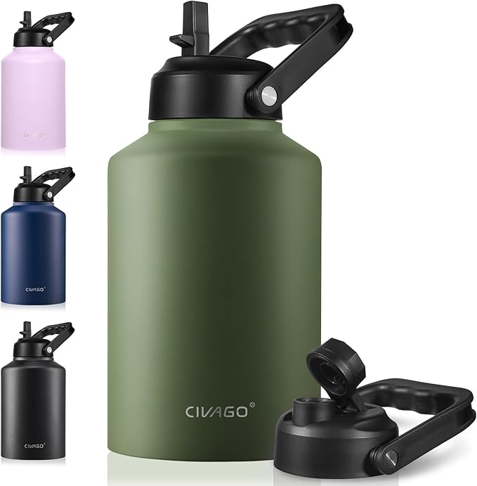 CIVAGO Gallon Insulated Water Bottle Jug with Straw, 128 oz Large Stainless Steel Sports Metal Water Canteen with Handle, Big Thermal Water Cup Mug with 2 Lids for Camping & Fishing, Army Green