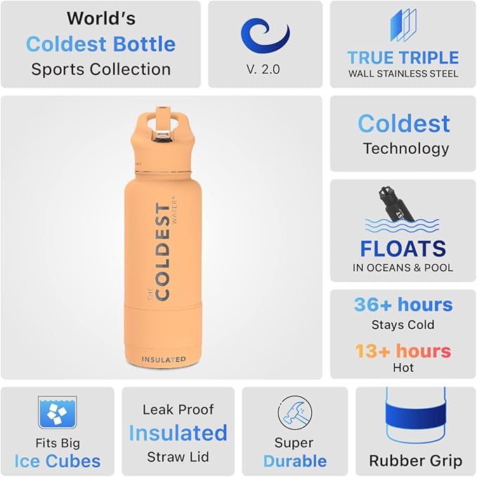 Coldest Sports Water Bottle with Straw Lid Vacuum Insulated Stainless Steel Metal Thermos Bottles Reusable Leak Proof Flask for Sports Gym(32 oz Sahara Tan)