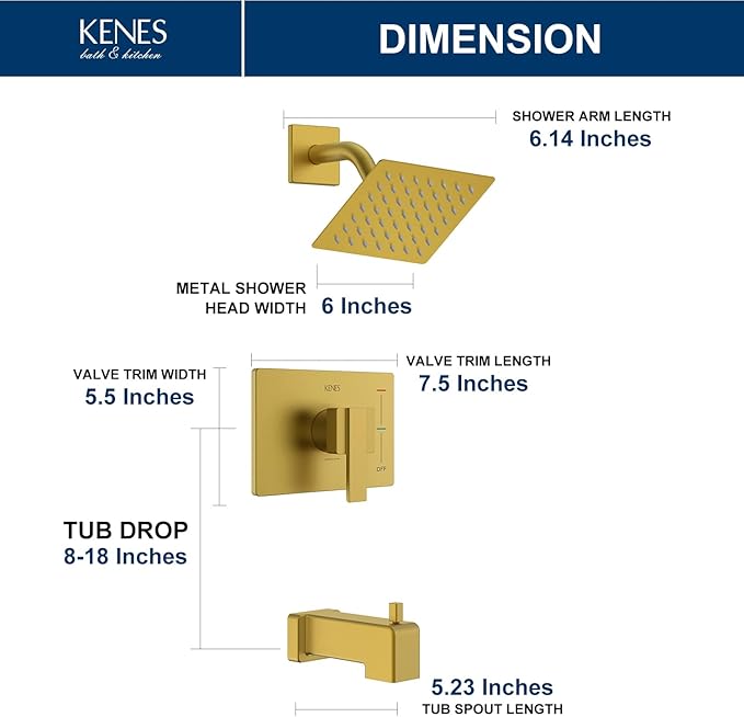 KENES Brushed Gold Shower Trim Kit, Modern Shower Faucet with Single-Spray Square Stainless Rain Shower Head, Tub and Shower Trim Kit Gold, KE-6025A-4 (Shower Valve Included)