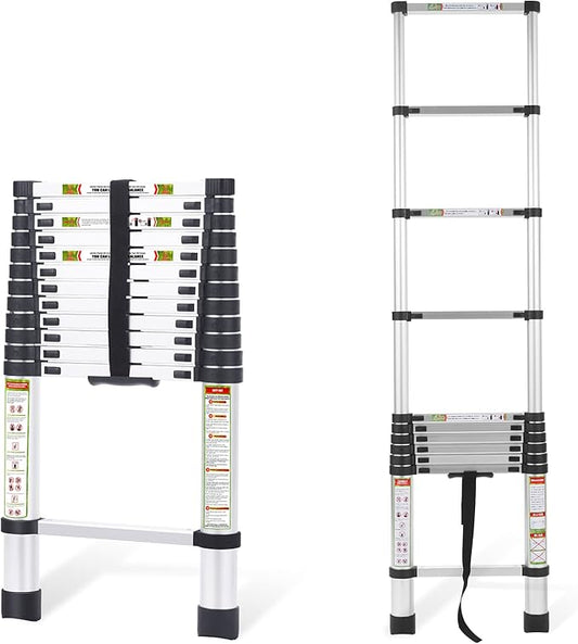 RIKADE Telescoping Ladder 12.5FT & Attic Ladder, Heavy Duty Aluminum with Non-Slip Feet, 330lb Capacity for RV, Attic, Roof & Multi-Surface Use