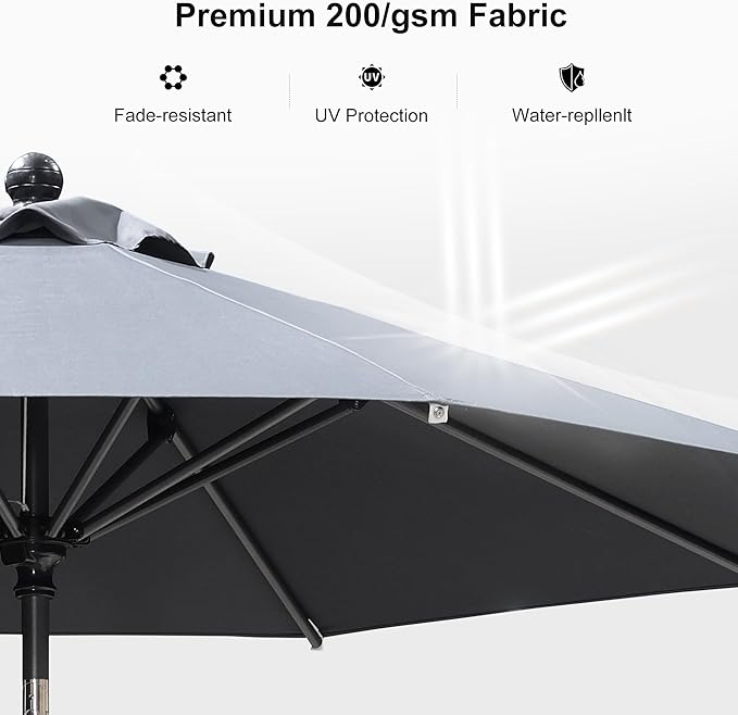 PURPLE LEAF 8' Round Patio Umbrella Outdoor Table Umbrella Aluminum Frame Market Umbrella Sun Umbrella with 8 Sturdy Ribs & Tilt for Garden Deck Lawn & Pool Gray