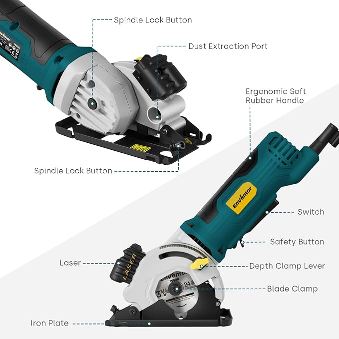 Enventor Mini Circular Saw, 4.8A Electric Circular Saws Corded with Laser Guide, 4000RPM, 3 Saw Blades 3-3/8" Max Cutting Depth 1-1/16", Compact, Power for Wood, Soft Metal, Tile, Plastic