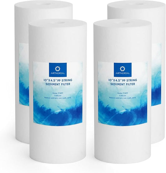 Airthereal 10" x 4.5" Whole House PP Sediment Water Filter, 5 Micron 10-inch Water Filter Replacement Cartridge for City and Well Water, 4-Pack