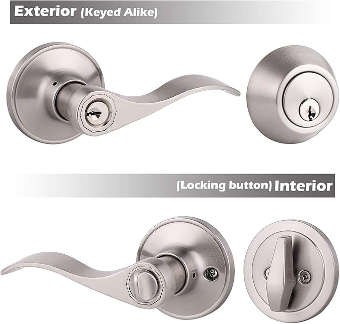 Satin Nickel Keyed Alike Door Levers and Single Cylinder Deadbolts Combo Sets Leversets 8 Pack, Entry Lever with Lock and Deadbolt Same Key for Exterior Front Door