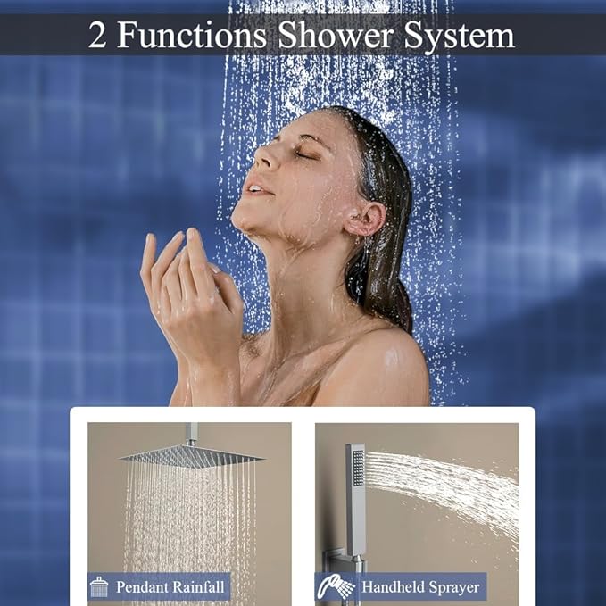 12 Inch Brushed Nickel Ceiling Mount Shower System Bathroom Luxury Rain Mixer Shower Combo Set Ceiling Rainfall Shower Head System Faucet Contain Rough-in Valve and Trim Included