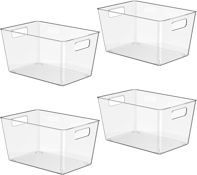 4 Pack Clear Plastic Storage Bins, 11" Large Pantry Organizer Bins with Handles, Plastic Containers for Refrigerator,BPA-Free Perfect for Kitchen,Fridge,Cabinet,Pantry,Bathroom,Closet Organization