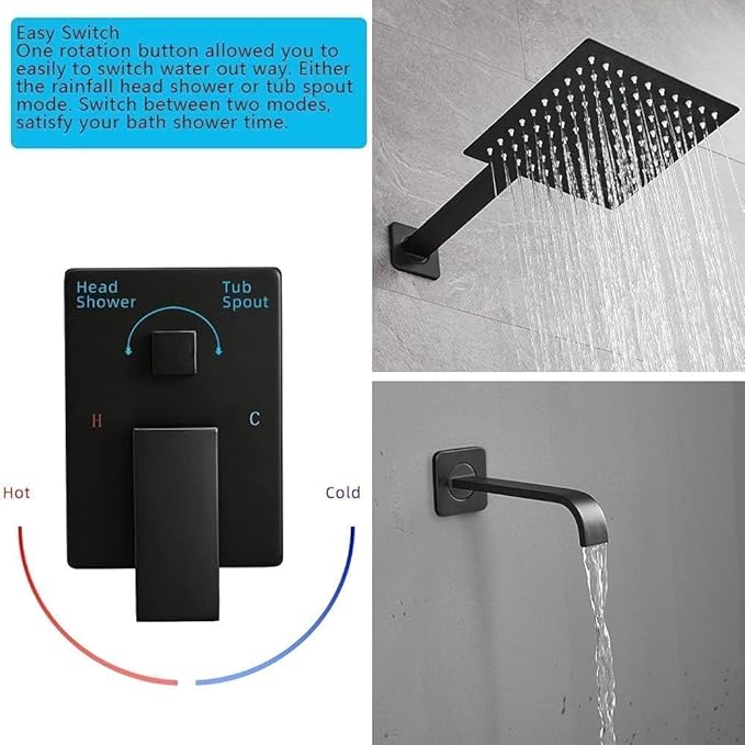 Matte Black Shower Faucet Set with Tub Spout Bathroom Luxury Rain Mixer Shower Head System Wall Mounted Shower Faucet Complete, Single Handle Tub and Shower Trim Kit with Rough-in Valve
