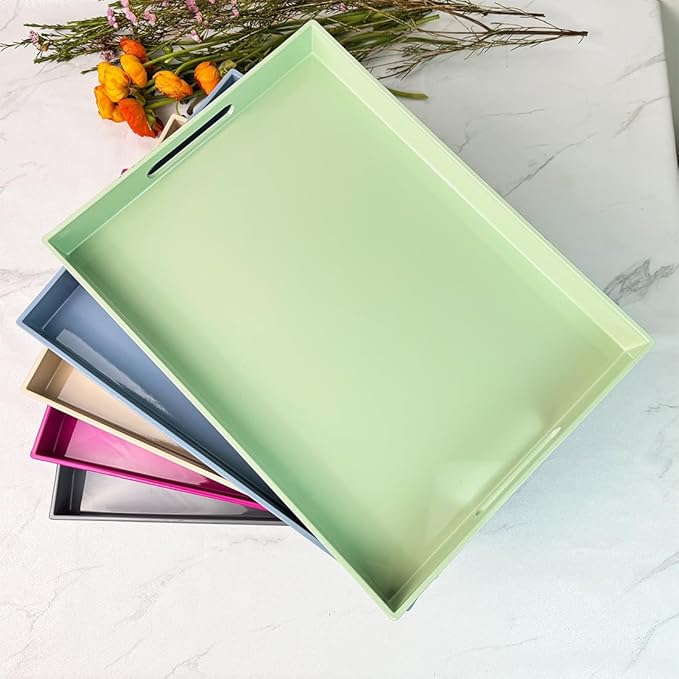 Turquoise Green Decorative Tray, Rectangular Large Serving Tray with Handles, Plastic Coffee Table Tray for Ottoman, Living Room, Kitchen Tabletop,15.7” x 11.8” x1.6”