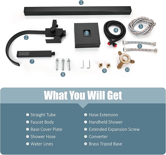 Aolemi Matte Black Freestanding Tub Filler Bathtub Faucet Floor Mounted Bathroom Waterfall Tap Brass Swivel Spout Single Handle with Handheld Shower