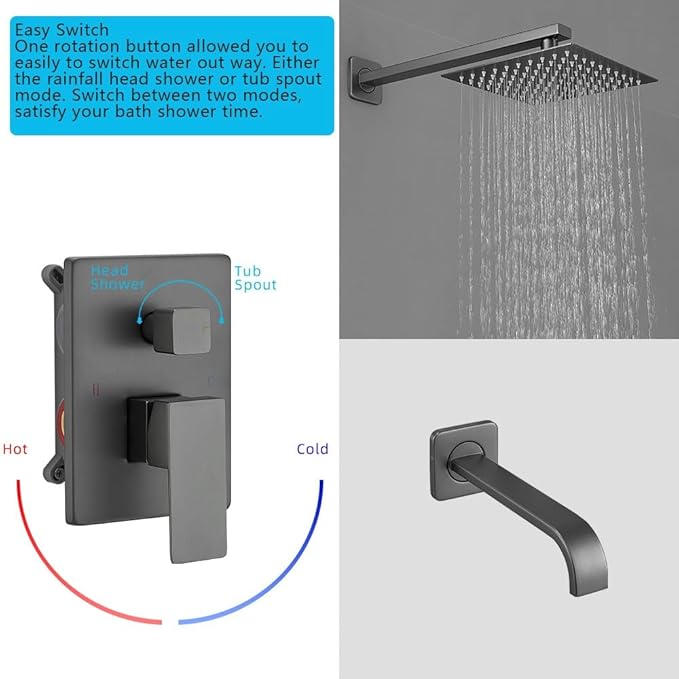 Grey Shower Faucet Set with Tub Spout Bathroom Luxury Rain Mixer Shower Head System Wall Mounted Shower Faucet Complete, Single Handle Tub and Shower Trim Kit with Rough-in Valve