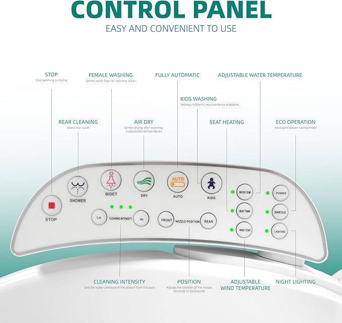 Electric Bidet Toilet Seat, Warm Water Bidet for Rear and Front Washing, Self-Cleaning Nozzle, Elongated V-shaped Heated Toilet Seat with Dryer, Touch Panel, SoftClose Lid, LED Light and Deodorization