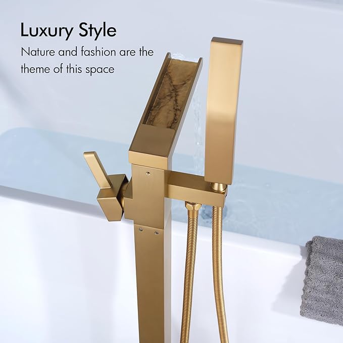 BAGNOLUX Solid Brass Floor Mount Bathtub Faucet Free Standing Tub Faucet Freestanding Tub Filler Brushed Brass High Flow Rate Swivel Spout with Hand Shower, YGSLT-Waterfall Brushed Gold