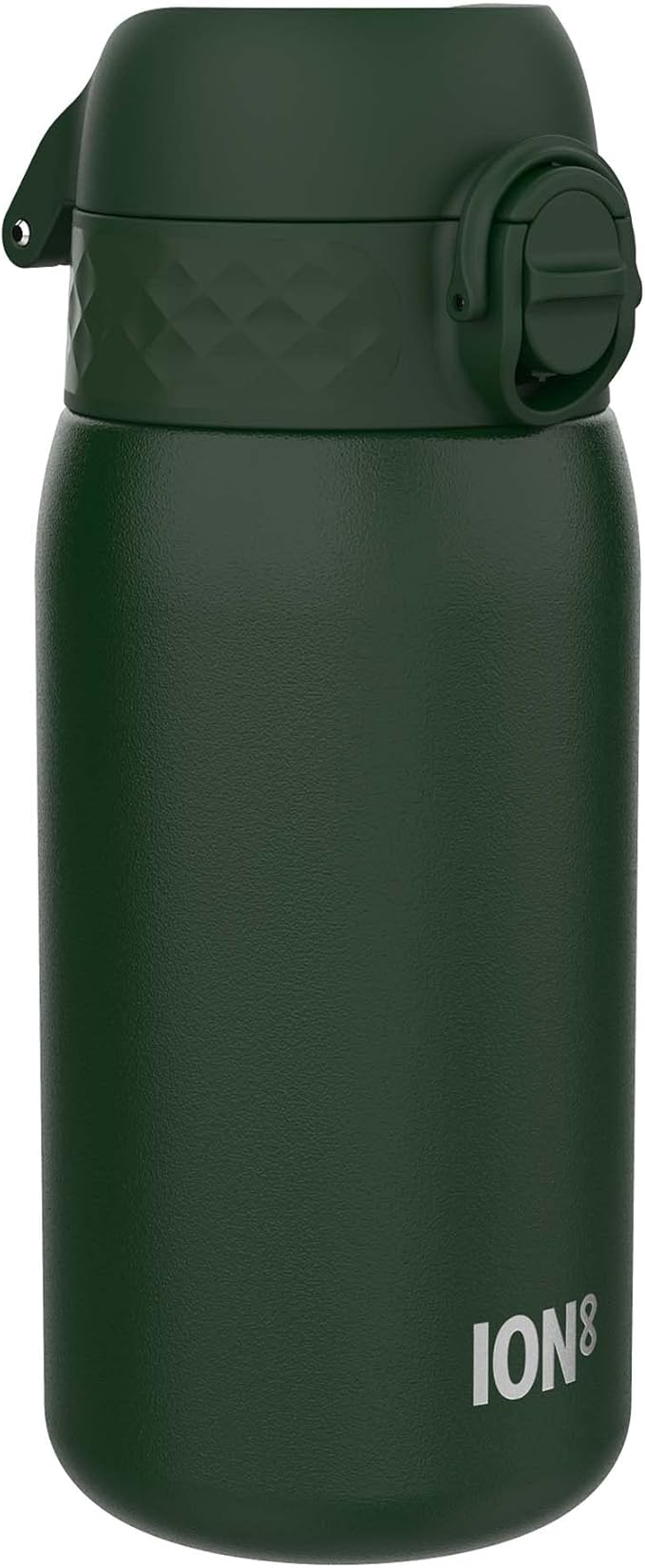 Ion8 Kids Water Bottle, Steel 400 ml/13 oz, Leak Proof, Easy to Open, Secure Lock, Dishwasher Safe, Flip Cover, Carry Handle, Easy Clean, Durable, Scratch Resistant, Carbon Neutral, Dark Green