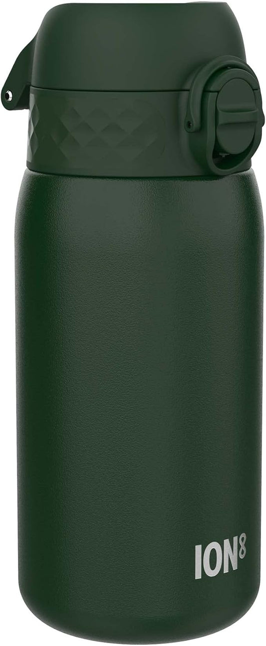 Ion8 Kids Water Bottle, Steel 400 ml/13 oz, Leak Proof, Easy to Open, Secure Lock, Dishwasher Safe, Flip Cover, Carry Handle, Easy Clean, Durable, Scratch Resistant, Carbon Neutral, Dark Green