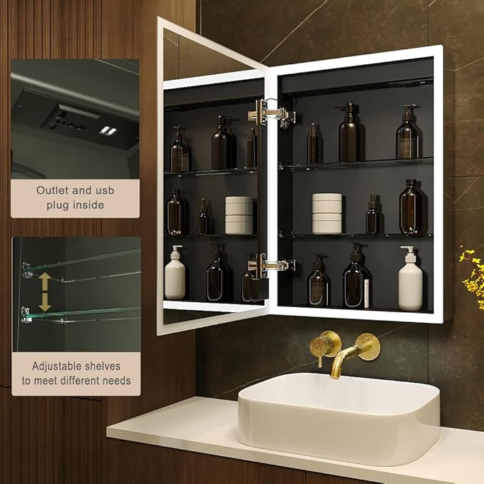 KWW LED Lighted Bathroom Medicine Cabinet with Sockets & USBs, Dimmable, 3 Color Light Makeup Mirror, Easy to Install, Wall Mounted Cabinet (20 * 28)