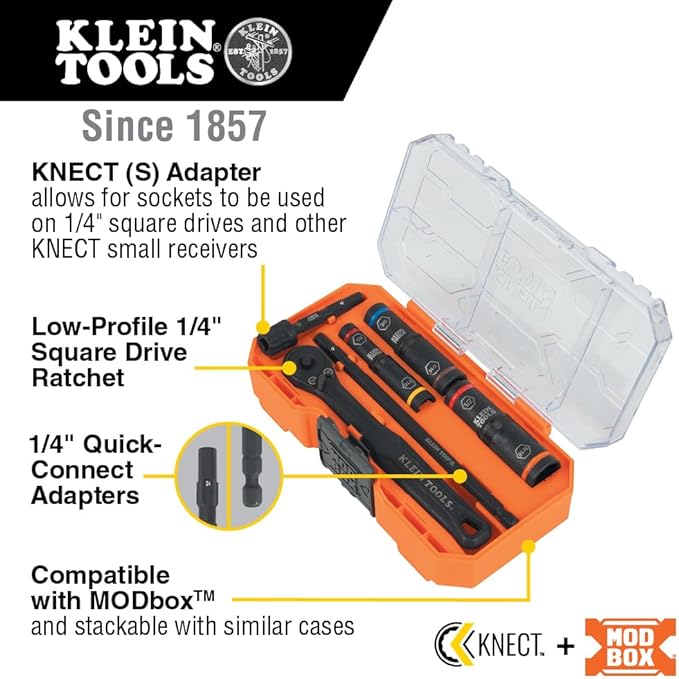 Klein Tools 65238 KNECT Impact Socket Set, Deep Sockets with Wrench, 3 Heavy-Duty Color Coded Flip Sockets, 6 SAE Sizes, Ratchet, Adapter and MODbox Case