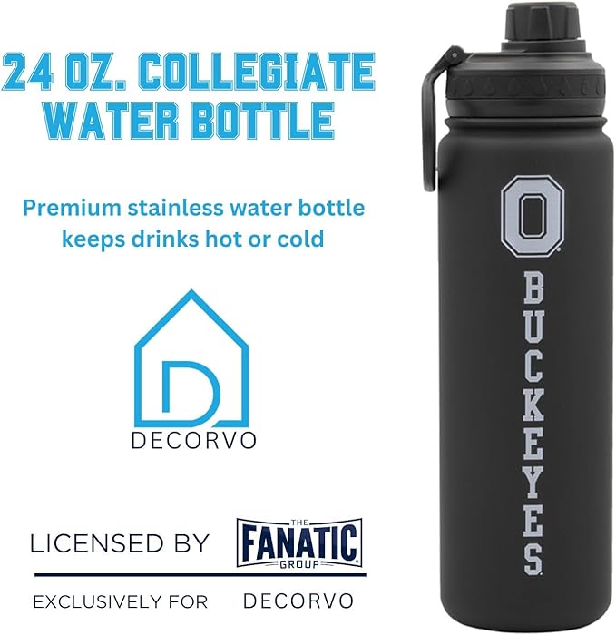 Ohio State Buckeyes Water Bottle - Black Double Walled Stainless Steel 24 oz Keeps Drinks Cold or Hot