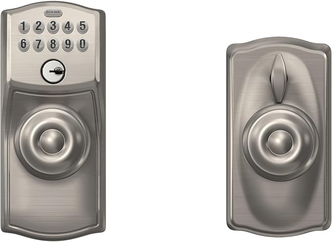 SCHLAGE FE595 CAM 619 GEO Camelot Keypad Entry with Flex-Lock and Georgian Style Knobs, Satin Nickel