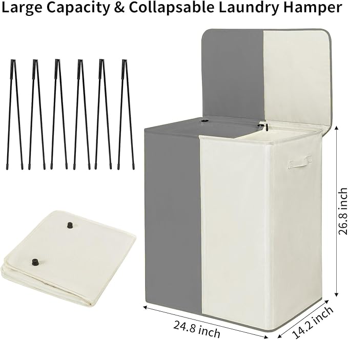 WOWLIVE Double Laundry Baseket with Lid and Removable Laundry Bags,154L Large Laundry Hamper 2 Section Collapsible Dirty Clothes Hamper for Laundry Room,College Dorm,Bathroom,Grey and Beige