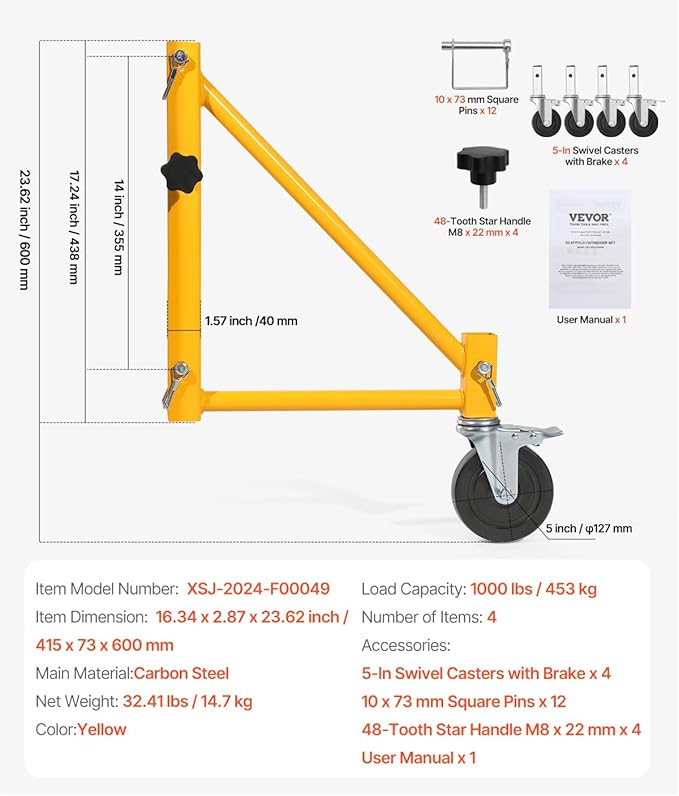 VEVOR 4-Pack Scaffold Outriggers, 1000 lbs Total Load Capacity Baker-Style Scaffolding Accessory with Swivel Casters, Carbon Steel Scaffold Wheel System with Rust Proof Galvanized Surface, Yellow